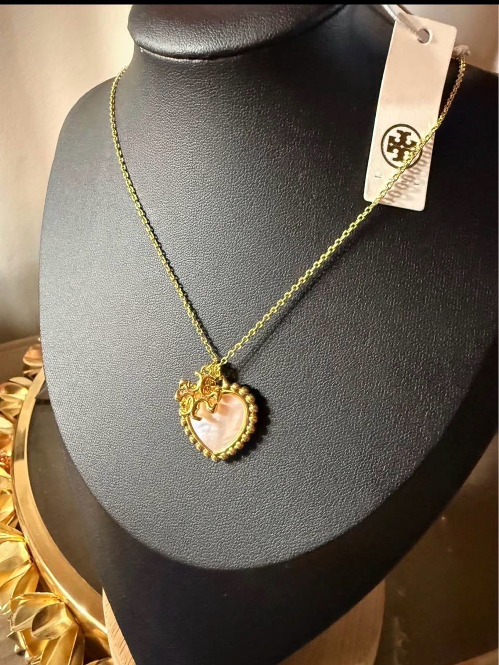 Tory Burch Gold Heart Pendant Necklace with Mother-Of-Pearl Inlay and Tory Logo